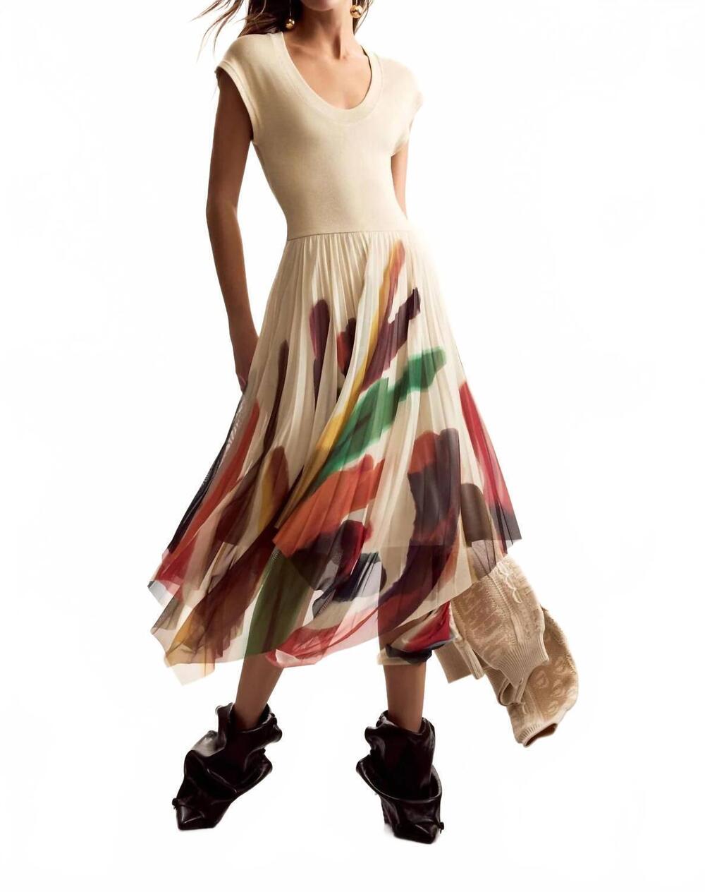 NEW DESIGUAL christian lacroix brushes dress in beige multi